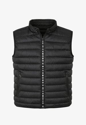 Gilet imbottito trapuntato nero senza maniche con collo alto, chiusura frontale con zip con scritta "RICHMOND" e due tasche laterali con zip.