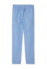 Modrobílé bavlněné kalhoty s vertikálními pruhy, elastickým pasem a šňůrkou na stažení, rovný střih nohavic.