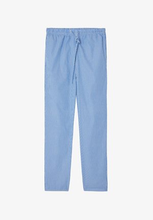 Modre in bele navpično črtaste bombažne hlače z elastiko v pasu in vezalko, ravno krojene hlačnice.