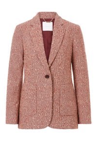 Punainen ja beige ruutukuosisesta villasekoitteesta valmistettu bleiseri. Varustettu yhdellä nappisuljenta, huippulapilla ja kahdella etutaskulla. Vuorattu burgundin värisellä kankaalla.