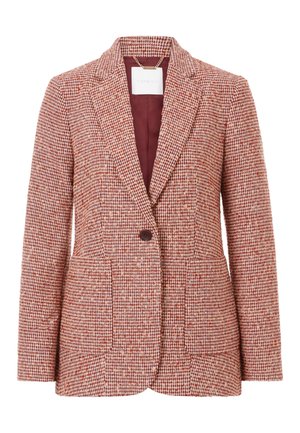 Blazer in misto lana a scacchi rosso e beige. Presenta una chiusura a un bottone, rever a punta e due tasche frontali. Foderato con tessuto bordeaux.