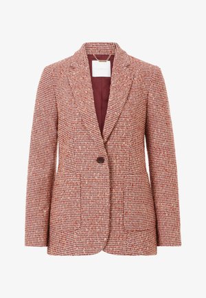 Blazer in rood en beige geruite wolmix. Voorzien van een enkele knoopsluiting, pieklapels en twee voorkruiszakken. Gevoerd met bordeauxkleurige stof.