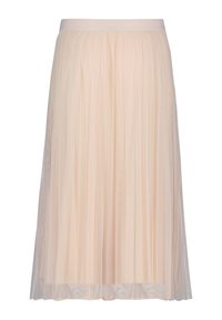 Gonna midi plissettata in morbida tulle color pesco con una cintura liscia, texture a strati e silhouette fluida. Design delicato e leggero.