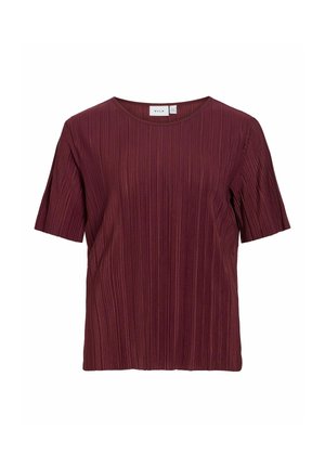 Blouse bordeaux à manches courtes avec encolure ronde et texture plissée verticale, étiquette "Vila" à l'intérieur du col.