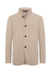 Chaqueta de mezcla de lana para hombre en color beige con cuello alto y tres botones negros en la parte delantera, mangas de corte recto.
