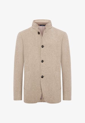 Bežová mužská vlnená bunda s stojatým golierom a tromi čiernymi gombíkmi vpredu, s rovnými rukávmi.