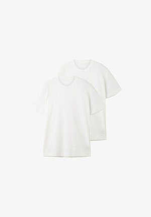 White cotton t-shirts in a set of two. They feature a round neckline, short sleeves, and a relaxed fit with subtle brand detailing on the hem.