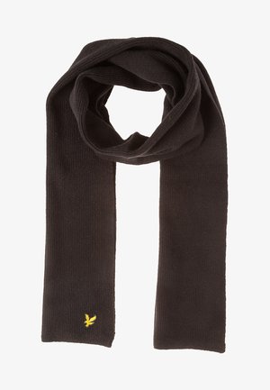 Écharpe noire en tricot avec une texture côtelée, arborant un petit logo jaune en accent. Forme longue et rectangulaire adaptée pour s'enrouler.