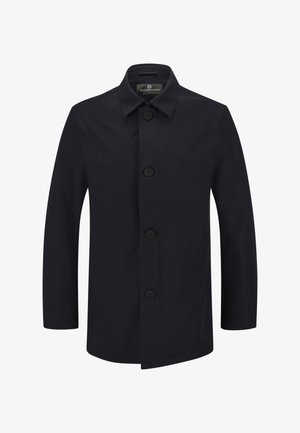 Marineblauer Regenmantel aus wasserabweisendem Material, mit Knopfverschluss, spitzem Kragen, langen Ärmeln und geradem Saum.