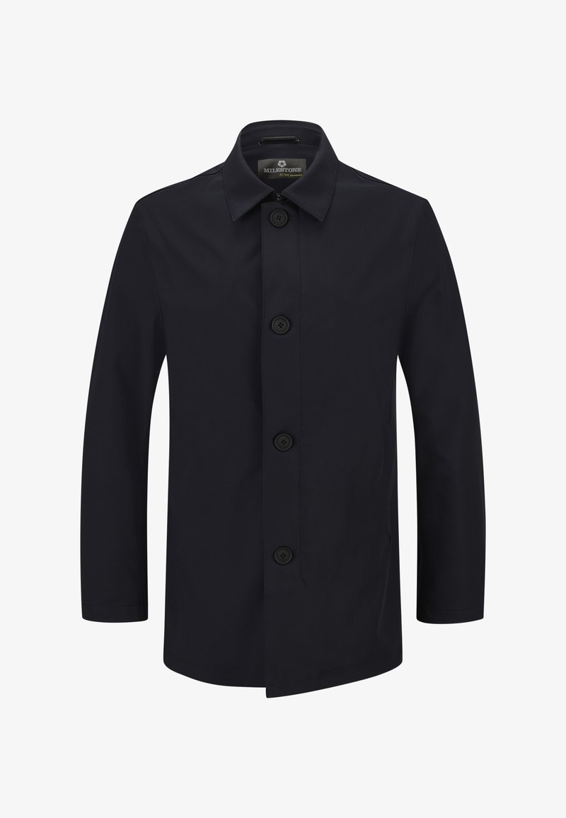 Marineblauer Regenmantel aus wasserabweisendem Material, mit Knopfverschluss, spitzem Kragen, langen Ärmeln und geradem Saum.