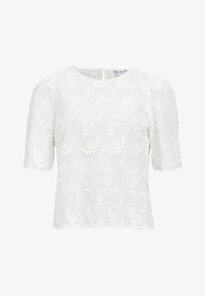 Bela kratka majica s kratkimi rokavi, okrašena z rožnatimi vezeninami in teksturirano površino. Ima okroglo izrezovanje in zadnji gumbasti odprtini.