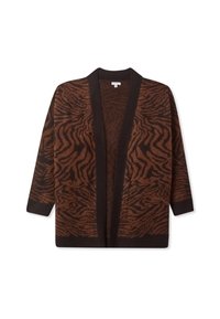 Brązowy i czarny sweter z dzianiny w zebrowy wzór, otwarty z przodu, z rękawami 3/4 oraz jednolitym czarnym kołnierzykiem i dołem.