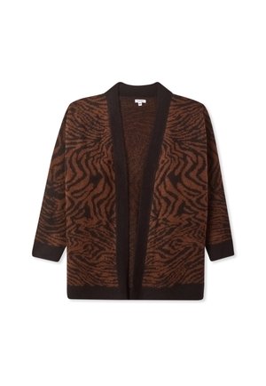 Cardigan lavorato a maglia marrone e nero con motivo a strisce zebra, apertura frontale, maniche a 3/4 e collare e orlo nero solidi.