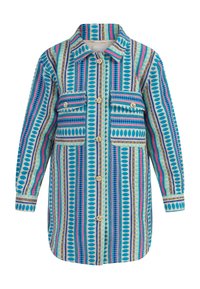 Kauluspaita monivärisestä kudotusta kankaasta, jossa on sinisiä, vaaleanpunaisia ja vihreitä pystyraitoja. Sisältää kaksi etutaskua ja napitus.