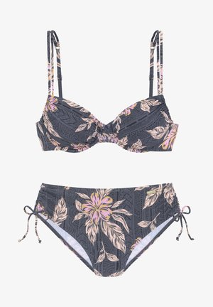 Two-piece bikini set featuring a dark gray base with pink and purple floral patterns. The top has underwire and adjustable straps; the bottom has ties.