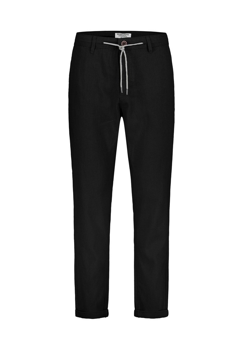Black pants made of lightweight fabric, featuring a drawstring closure, rolled cuffs, and a relaxed fit.