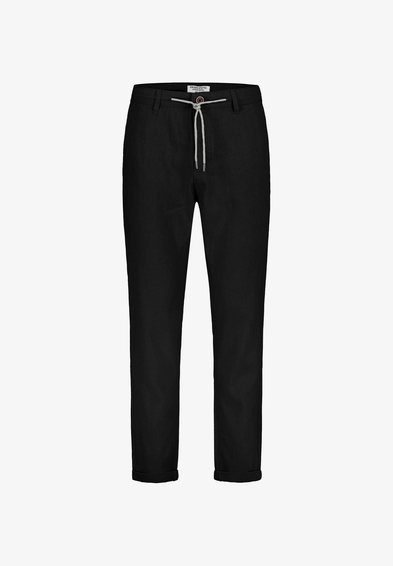 Black pants made of lightweight fabric, featuring a drawstring closure, rolled cuffs, and a relaxed fit.
