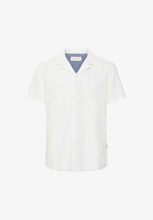 Hvit kortermet skjorte i lin, med kragehals, knappefront og en kontrastfylt blå innerkrage. Minimalistisk design.