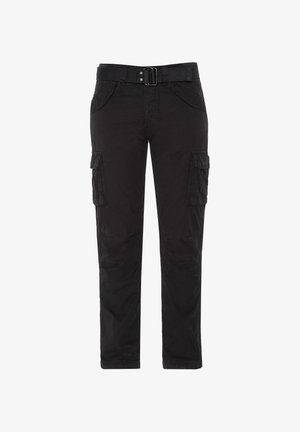 Zwarte cargobroek van katoen, voorzien van een geweven riem, meerdere zijvakjes en een rechte pijp met een subtiele glans.