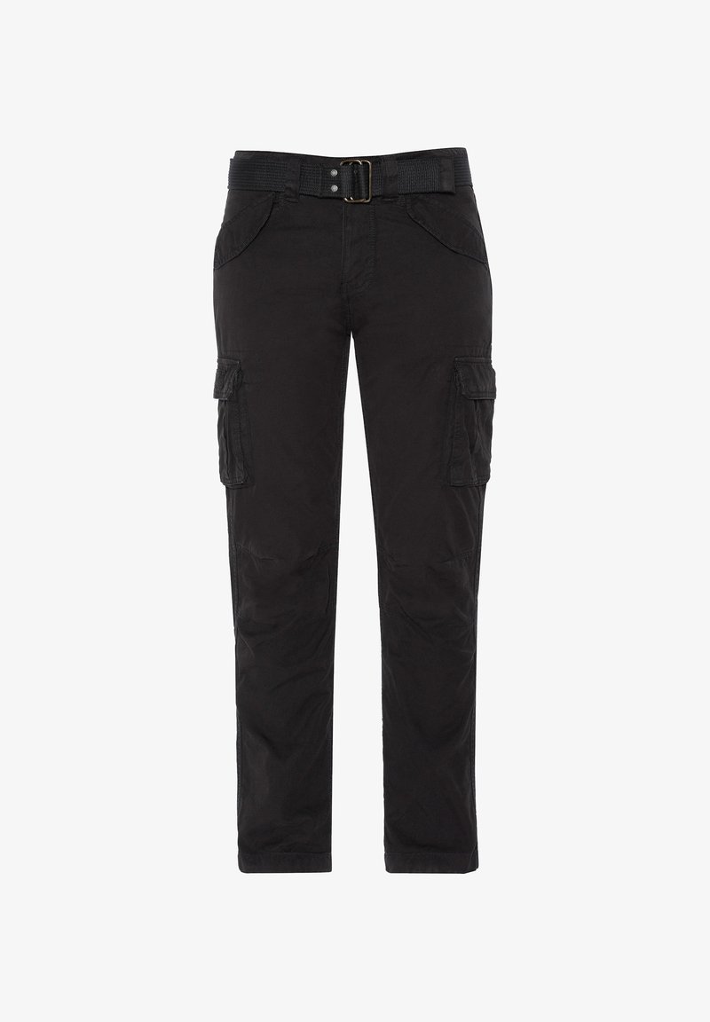 Schwarze Cargo-Hosen aus Baumwolle, ausgestattet mit einem gewebten Gürtel, mehreren seitlichen Taschen und einem geraden Beinschnitt mit leichtem Glanz.