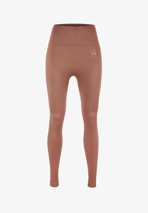 Legíny s vysokým pásom v tlmených terakotových farbách, vyrobené z hladkej elastickej látky, s jemným srdiečkovým logom a textúrovanými časťami.