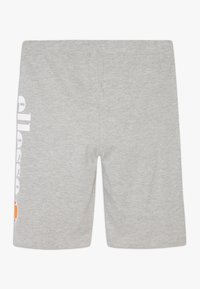 Calções desportivos cinzentos claros até ao joelho, com texto de logótipo vertical branco e um pequeno gráfico laranja no lado esquerdo da perna.