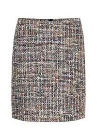 Falda tejida en tweed multicolor con una silueta corta y recta, que presenta una cintura negra y una sutil textura a lo largo de la tela.