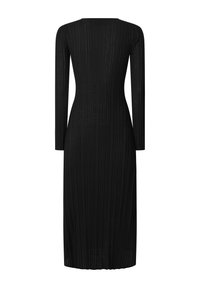 Black ribbed dress with long sleeves, knee-length, round neckline, and vertical stripes, made from a textured knit fabric.