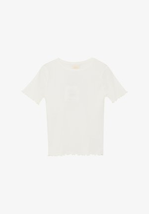 Maglietta bianca a costine con maniche corte, caratterizzata da un orlo e polsini smerlati. Texture morbida e design aderente valorizzano la silhouette complessiva.