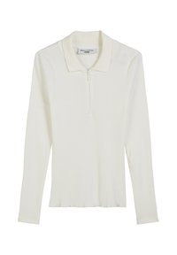 Witte lange mouwen ribbelshirt met kraag en korte rits aan de voorkant, golvende zoom, merklabel binnenin de hals.