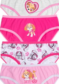Quattro paia di mutandine per ragazze in diverse tonalità di rosa e grigio. Le caratteristiche includono divertenti stampe di personaggi e bordi a contrasto, con un motivo a cuore.