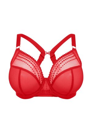 Soutien-gorge rouge transparent doté de bonnets rembourrés, de bordures décoratives en forme de vagues et de bretelles réglables. Design structuré avec une texture lisse.