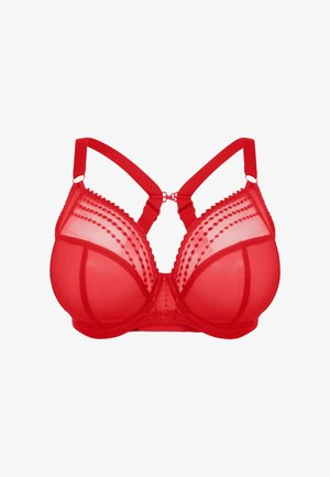 Rode doorschijnende beha met gewatteerde cups, decoratieve gebogen rand en verstelbare bandjes. Gestructureerd ontwerp met een gladde textuur.