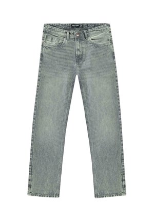 Straight-leg groenachtig-grijze denim jeans met voorzakken, riemlussen, knoopsluiting en vervaagde wasdetails op een witte achtergrond.