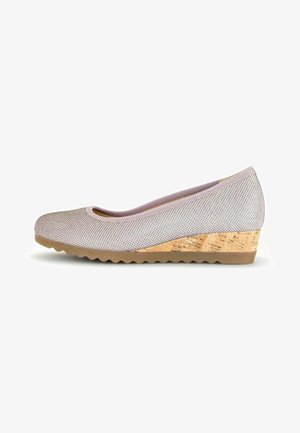 Wedge shoe with a textured light gray mesh upper, rounded toe, and cork-like patterned wedge heel. Rubber outsole with a ridged design.