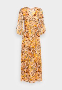 Długa sukienka maxi z długim rękawem, dekoltem w serek, elastycznymi mankietami oraz żywym pomarańczowym, różowym i brązowym wzorem paisley z kwiatami.