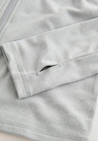 Hellgraues Langarmoberteil mit glatter Textur, ausgestattet mit einem kleinen Daumenloch am Bündchen und dezentem Logo-Stickerei.