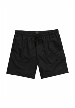 Sorte svømshorts med elastisk talje, justerbar snor, to sidelommer, en cargo-lomme og et glat, letvægtsstof.
