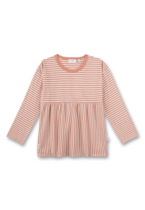 Langärmliges Babyoberteil in Pfirsich- und Cremetönen mit horizontalen Streifen an Ärmeln und oberem Oberteil sowie vertikalen Streifen am unteren Oberteil.