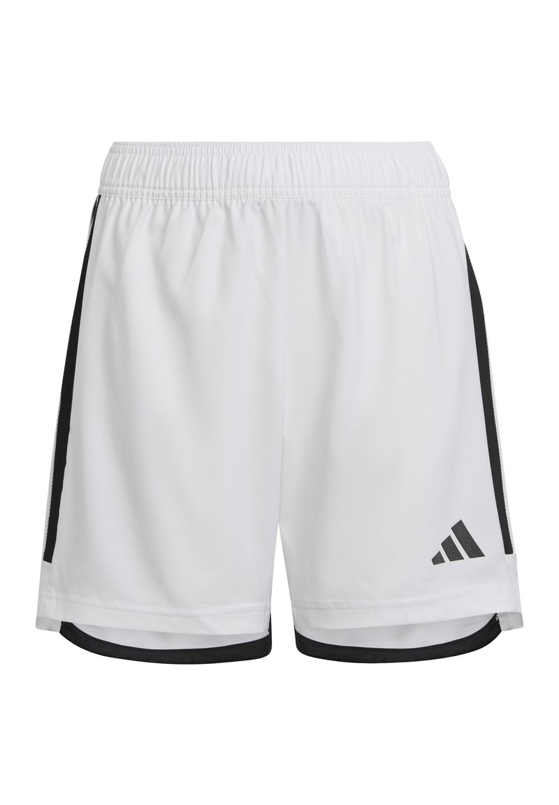 Witte sportshorts met een zwarte zijstreep, elastische tailleband en logo aan de linksonderkant. Gemaakt van lichtgewicht, ademend materiaal.