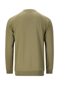 Olivgrön sweatshirt med rund hals, långa raglansärmar, ribbad ärmslut och nederkant, slät textur, minimalistisk design och inga synliga logotyper.