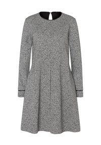 Ein graues Kleid mit einem strukturierten Muster, langen Ärmeln, ausgestelltem Rock, schwarzem Ausschnitt und einem Rückendetail mit Schlüsselloch.