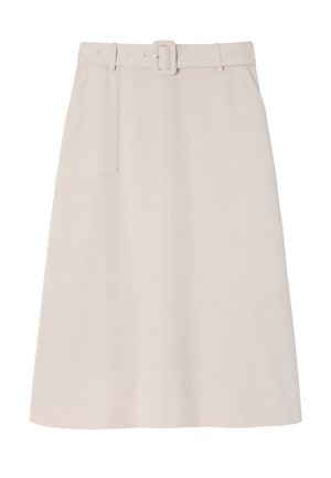 Jupe beige en A avec une taille définie, dotée d'une ceinture assortie. Deux poches avant et ourlet droit. Fabriquée dans un tissu léger.