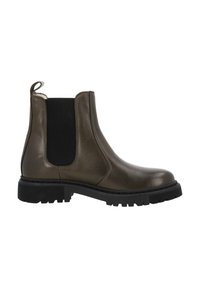 Botas Chelsea de cuero marrón con una lengüeta, paneles laterales elásticos negros y una suela de goma negra texturizada para mayor durabilidad.
