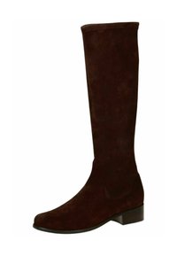 Bottine en daim marron, haute jusqu'au genou, avec un bout rond et un petit talon carré. Texture lisse, design minimaliste, sans matériel ni accents visibles.