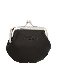 Black leather coin purse with a silver clasp closure. Smooth texture with a rounded shape, embossed with "Gusti Leder studio."