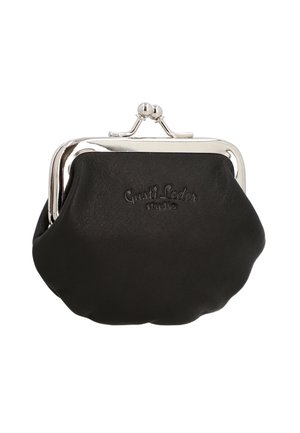 Black leather coin purse with a silver clasp closure. Smooth texture with a rounded shape, embossed with "Gusti Leder studio."