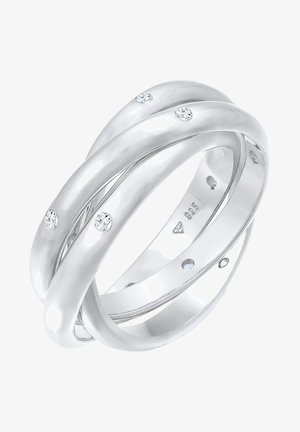 Verlovingsring van sterling zilver met heerlijk verweven banden, versierd met kleine, ronde heldere stenen, een gladde afwerking en een gepolijste textuur.
