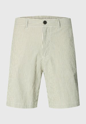 Beige-weiß gestreifte Shorts aus leichtem Stoff; mit Knopfverschluss und Taschen; lässiges Design.