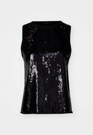 Must mustriba tops, kaunistatud sädelevate kristallidega, särava tekstuuri ja lähedase lõikega. Ümar kaelus, ilma nähtavate kinnitusteta.